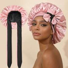 Awegeo 女士双面睡帽，双层缎面透气面料，蝴蝶结松紧带，休闲护发帽 - B - 查看 11