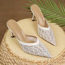 Lace Patchwork Transparent Strap High Heel Sandals, Pointed Toe Low Vamp Spring New Arrivals, Super High Heel Party Shoes - Beige - View 1