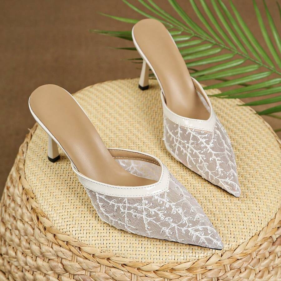 Lace Patchwork Transparent Strap High Heel Sandals, Pointed Toe Low Vamp Spring New Arrivals, Super High Heel Party Shoes - Beige - View 1