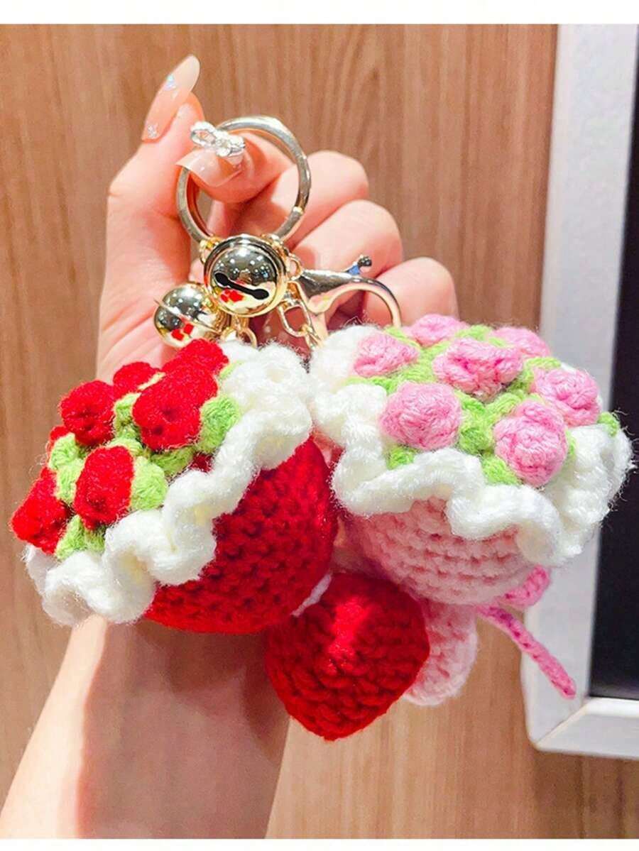 1pc Rose Flower Keychain, Vivid Bouquet Keyring Accessory, Golden Bell Car Key Chain,Knitted Bouquet Red Rose Bag Charm Pendant, Gift For Girls, Christmas, New Year, Valentine's Day Gifts ﻿ - 彩色 - 查看 1