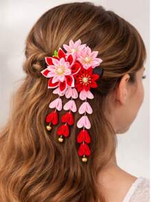 1 pièce Pince à cheveux style japonais avec pompon et fleur, accessoires de cheveux kimono vintage, épingles à cheveux florales en tissu faites à la main avec clochettes pour femmes et filles, ornements de cheveux japonais traditionnels pour cosplay, fête, port quotidien, voyage, anniversaire - Multicolore - Voir 9