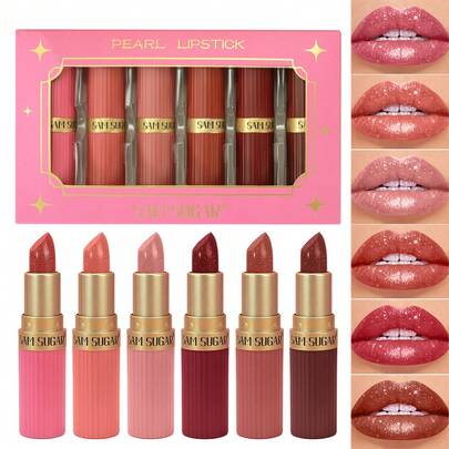  Set de 6 barras de labios de chocolate de colores pearlescentes y mate de SAM SUGAR, que no se decoloran fácilmente, mate y resistente al agua