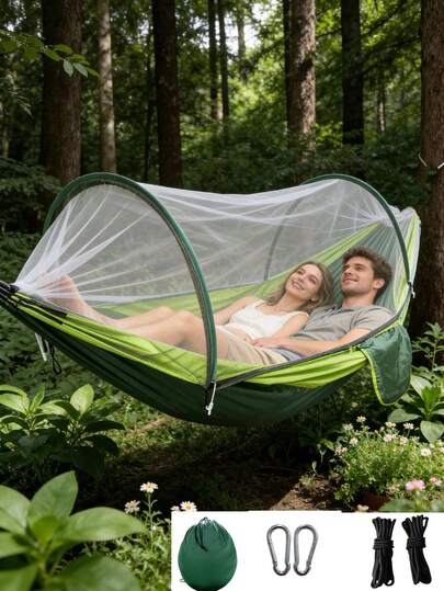 Anti-Rollover Double Hammock With Mosquito Net, Suitable For Outdoor Camping And Home Use. Provides A Relaxing Travel And Camping Experience, Enjoy Unique Outdoor Experience Without Batteries. Outdoor Camping Leisure Anti-Mosquito Hammock With Sunshade Canopy Set.