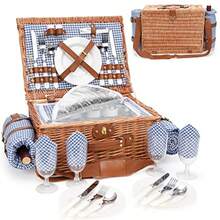 Cesta de picnic para 4 cestas de picnic aisladas con correa para el hombro cesta de picnic con manta impermeable cesta de mimbre hecha a mano para exteriores gran regalo para Acción de Gracias - Azul y Blanco a cuadros - Ver 2