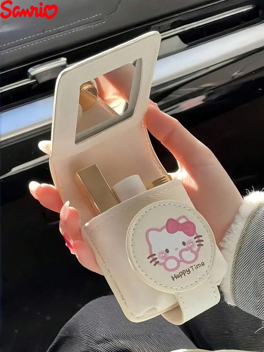 SANRIO Hello Kitty 唇膏收纳袋带镜子 - 可爱旅行收纳包，毕业和友谊礼物，可折叠设计，印有可爱图案，理想的化妆品收纳盒，唇膏架 | 趣味配件 | 耐用拉链封口，适用于 Hello Kitty 配件 - 彩色 - 查看 1