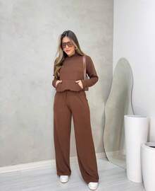 Women's Winter Set By Lanzinha With Hood And Wide-Leg Pants, Casual Chic Style - Màu nâu  Mocha - Xem 1