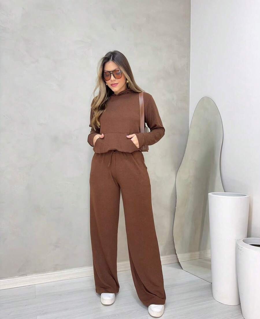Women's Winter Set By Lanzinha With Hood And Wide-Leg Pants, Casual Chic Style - Màu nâu Mocha - Xem 1