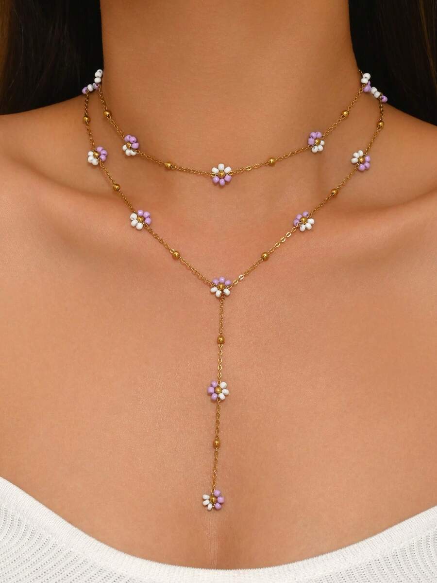 两件套可爱紫白花朵吊坠项链，不锈钢女士颈链和Y型项链，珍珠串珠花朵设计项链，适合女士日常佩戴、派对或夏季海滩，完美礼物 - 金色 - 查看 1