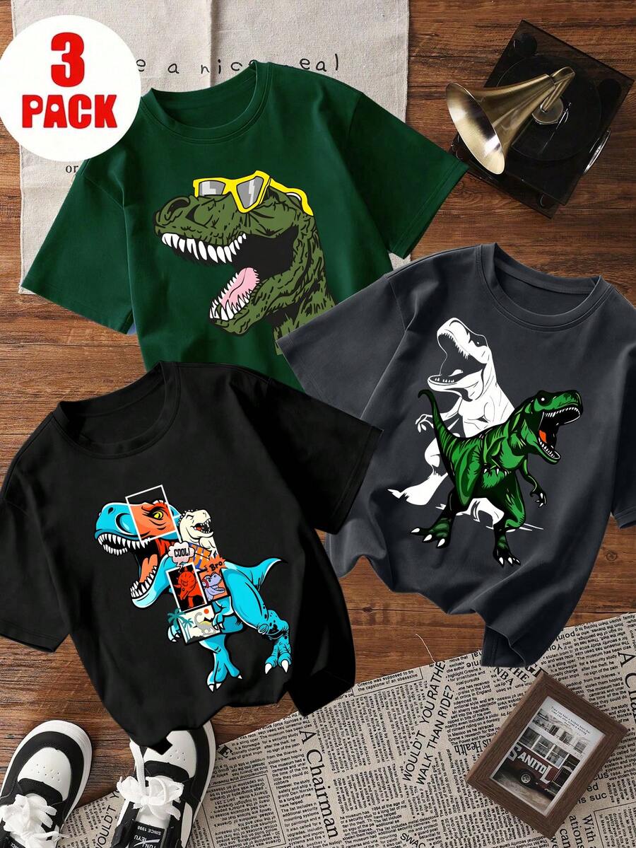 3pcs/Set Casual Street Style Dinosaur Graphic Print Sports T-Shirts, Suitable For Boys Streetwear, Ideal For Spring/Summer Activewear - Multicolor - View 1
