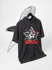 男士夏季水洗做旧复古休闲短袖连帽T恤 - 黑色 - 查看 1