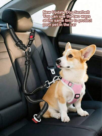Adjustable 2-In-1 Pet Car Safety Leash And Harness - Durable Polyester Material, Washable, With Safety Buckle And Elastic Cushion Strap, Ideal For Traveling With Dogs