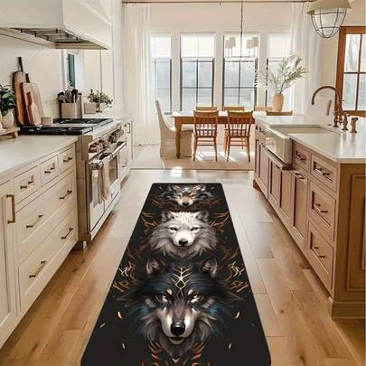 1pc 3 Wolf Pattern Long Carpet Series, Multi-Color Background Indoor Entrance Rug, Bedroom Bedside Floor Mat, Kitchen Floor Mat, Corridor Carpet, Soft Thickened Bathroom Carpet, Sponge Carpet, Cushioning And Non-Slip, Washable, Runner's Carpet For Hallway, Suitable For Hallway Entrances, Living Room, Kitchen, Laundry Room, Bathroom