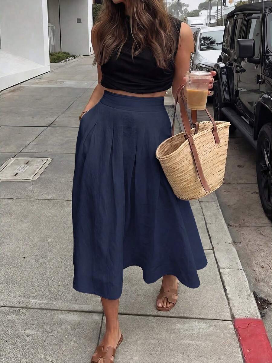 Women's Solid Color Versatile White Skirt, Casual For Spring/Summer, Suitable For Dates, Outings, Vacations, Graduations And Back To School - Navy Blue - View 1