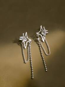 一对优雅独特的四角星长流苏耳环，适合女士参加派对、宴会、下午茶等场合佩戴。 - 銀色 - 查看 3