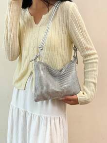 Elegant Small Handbag, Niche Design Clutch Bag, Shoulder Bag, Tote Bag, Sparkling Rhinestone Embellished - Silver - View 4