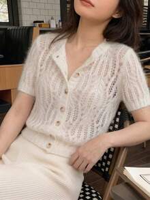 Cárdigan de punto de mohair para mujer, de manga corta, abotonado sencillo, calado francés, de unicolor, suelto, suave y transparente, versátil, blanco, para verano - Blanco - Ver 4