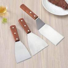 1 cái xẻng phẳng 3 cạnh, dụng cụ nấu ăn nhà bếp, xẻng làm bánh kếp Teppanyaki cán gỗ bằng thép không gỉ - Bạc - Xem 1