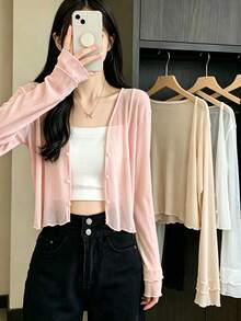 1pc Lace Cropped Cardigan, Tie-Front Long Sleeve Shrug With Ruffle Hem, Sweet Summer Outerwear For Women,Travel Essential,Holiday - Multicolor - View 7