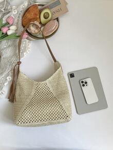 Túi đeo vai bằng rơm hai tông màu phong cách Boho mới về, túi xách đi biển thường ngày có tua rua. - trắng - Xem 4