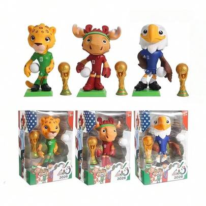 FIFA 2026 World Cup Mascot Collectible Figurine Set, Including 3 Official Plush Dolls: Canada Maple, Mexico Zayu, USA Clutch, Football Fan Memorabilia, Desktop Decor, Collectible Toys