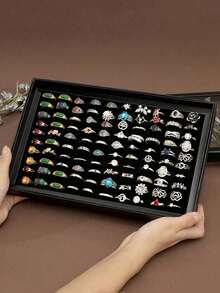 Caja de almacenamiento de joyas transparente de 100 ranuras, organizador de joyas con tapa a prueba de polvo, para sostener aretes, pulseras, collares, diseño montado en la pared, regalo ideal para el Día de San Valentín, cumpleaños, boda, Día de la Madre, caja de joyas para mujeres, esencial para viajes - Bandeja para anillos - Ver 3