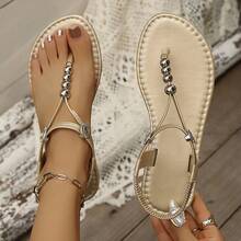 Nuevas sandalias planas de mujer con diseño de chanclas con hoja y rhinestones, de moda, elegantes, cómodas y versátiles, adecuadas para caminar y usar en casa - Dorado - Ver 10