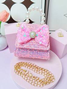1Pc Girls Bowknot Sequin Faux Pearl Handle Flap Closure Princess Mini Handbag For Wedding Party - Sequined Bow - View 7