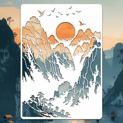 1张中国风日出山水画模板，可水洗重复使用，描绘东方美景，适用于各种项目。复古中国风设计，可用于墙面、地面和纺织品，图案包含日出、山峦和松树。