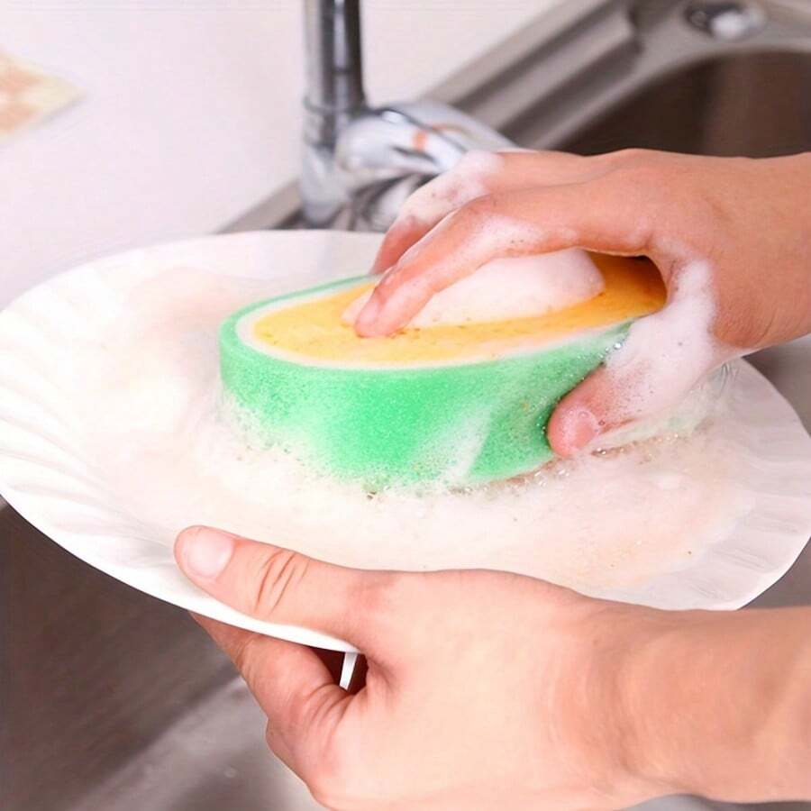 1/5片装水果图案加厚海绵百洁布，多用途清洁海绵，适用于洗碗，双面百洁布有效去除污渍，采用柔软耐用材料制成。