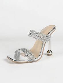 Fashionable & Elegant Women's High Heel Sandals, Double Strap With Sparkling Rhinestone Decor, Minimalist Design Silver Square Toe Stilettos, Summer Party Outdoor & Casual Wear Slip-On Sandals, Valentine's Day Gift - Silver - View 6
