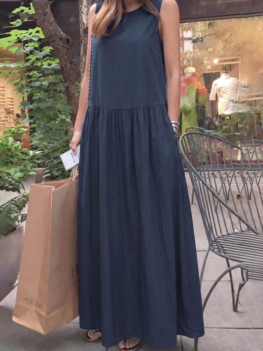 Đầm maxi dài tay không tay cổ tròn dáng rộng màu trơn, phong cách thường ngày mùa xuân hè, áo khoác cardigan dài tay, phối màu thời trang, áo khoác ngoài, trang phục đi học, áo sơ mi dài kiểu Mỹ, trang phục giáo viên, trang phục đi làm, phong cách tối giản, trang phục công sở, phong cách retro, sự đơn giản, phong cách thanh lịch kiểu Pháp. - Màu xanh hải quân - Xem 1