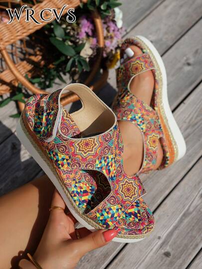 WRCVS Brown Roman Sandals With Woven Straps, Summer Platform Thick-Sole Rope Bottom Fashionable Holiday Sandals, Random Bohemian Floral Pattern, Increase Height