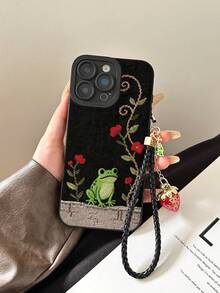 Flower & Frog Cute Painted Perforated Black Painted With Strawberry Chain Simple Fashion Creative Anti-Drop Phone Case Compatible With IPhone/ Galaxy// - Multicolor - View 2