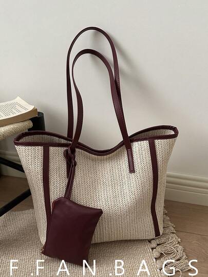 2026 New Straw Woven 2pcs Set, Large Capacity Beach Vacation Shopping Tote Bag