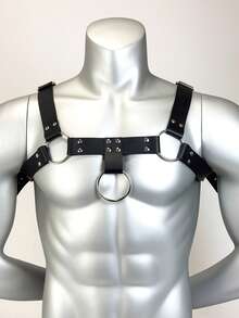 Arnés simétrico para el pecho para hombres, arnés corporal gótico punk de cuero de PU ajustable para uso diario, citas nocturnas y festivales de música - Negro - Ver 2