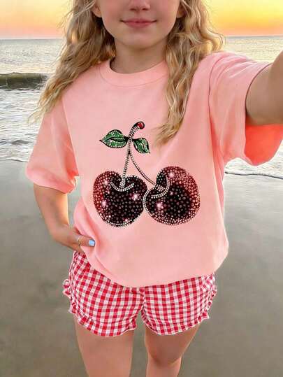 2pcs/Set Girls' Cherry Print Round Neck Short Sleeve T-Shirt + Red Plaid Shorts, Casual Comfortable Cute Summer New Outfit