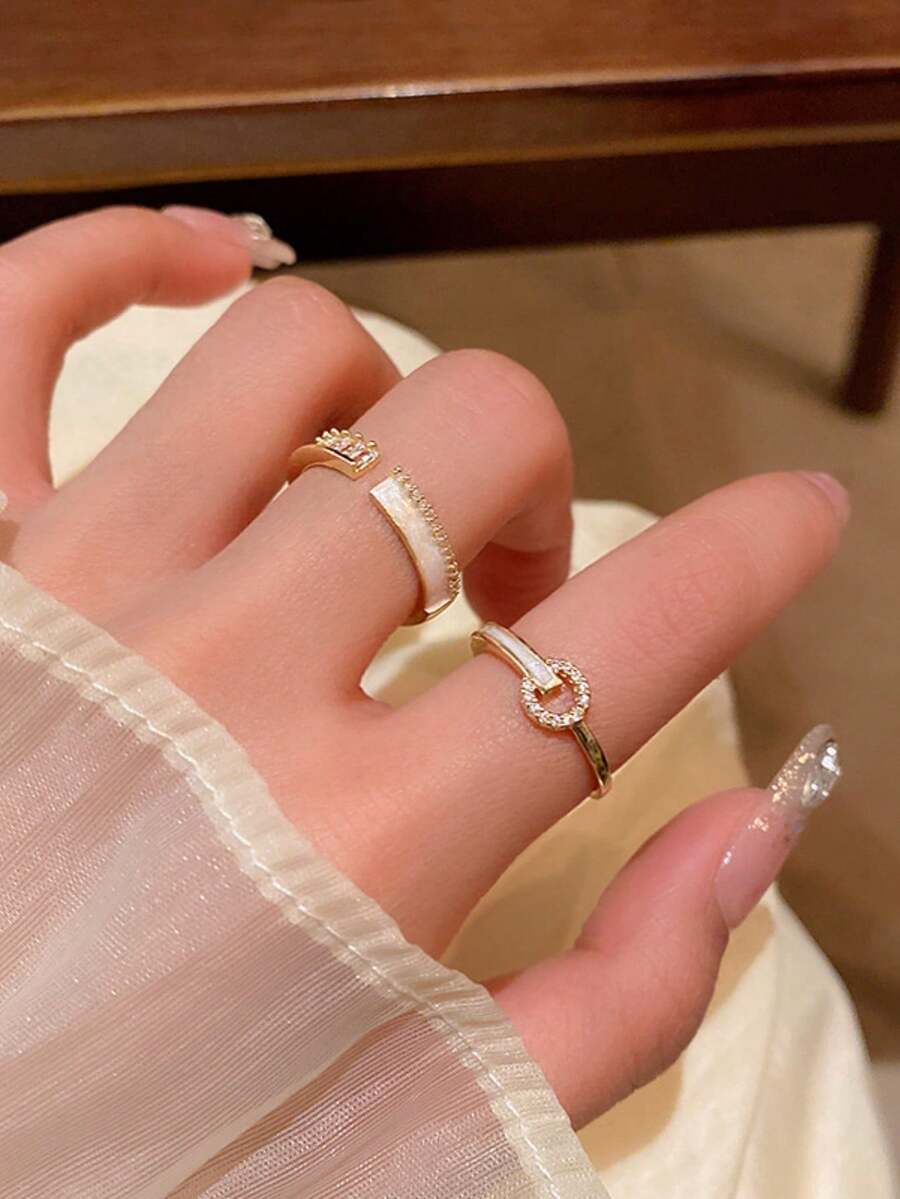 2 piezas Juego de anillos geométricos abiertos de circonita cúbica elegantes y versátiles, adecuados para uso diario, festivales y fiestas de las mujeres - Dorado - Ver 1
