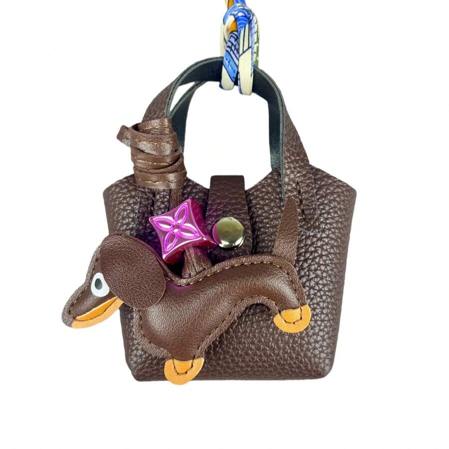 bolso de cuero PU para funda de/bálsamo labial/monedas con pequeño perro salchicha como decoración-bolsa de cuero funcional y decorativa-regalo - Conjunto Marrón - Ver 1