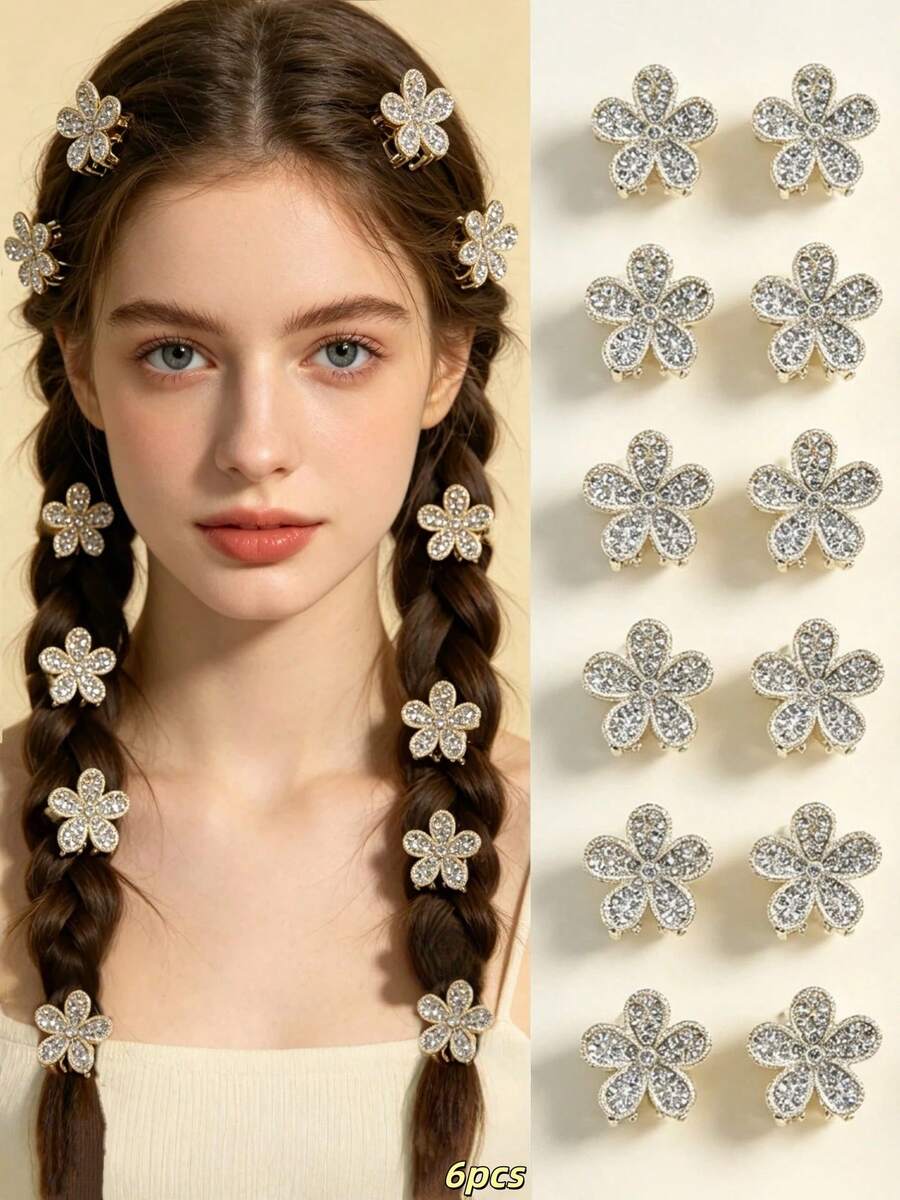 10pcs Girls' Minimalist Fresh Floral Crystal Hair Clips For Vacation - Gold - View 1