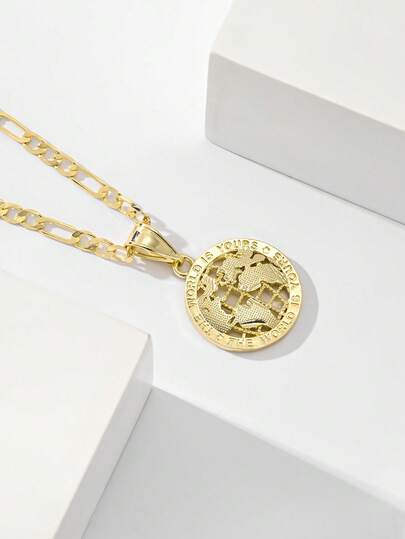 1件14k镀金铜世界地图项链，饰有“世界属于你”字样的复古边框，适合青少年、男孩和女孩佩戴，日常配饰，节日理想礼物