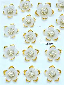 50 piezas de 25mm Apliques de flores con strass y borde dorado, DIY para joyería, zapatos, ropa, bolsos, regalos - blanquecino - Ver 2