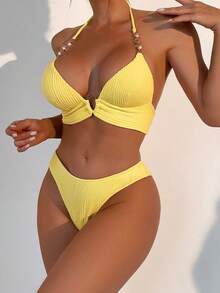 Swim Summer Beach Mono Bikini Set Chain Linked Halter Push Up Bra & Bikini 2 Pieces Bikini - Yellow - View 2