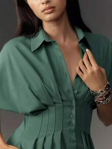 Women's Summer Casual Maxi Shirt Dress Short Sleeve Button Down Loose Pleated Flowy Sundress With Pockets - Green - View 4