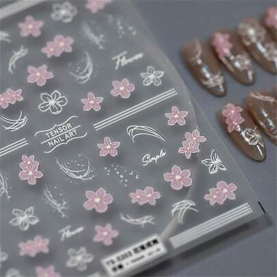 1 miếng dán móng tay hình hoa hồng dập nổi 5D màu hồng, họa tiết hoa trắng rỗng tinh tế, phụ kiện trang trí móng tay DIY