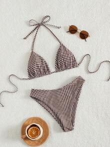 Bộ bikini dây buộc cổ màu nâu kẻ caro hoa văn gợi cảm dành cho nữ, thích hợp cho các bữa tiệc, lễ hội âm nhạc, ngày Valentine; phù hợp cho kỳ nghỉ hè, đi biển và các dịp lễ hội, trang phục mùa hè dành cho nữ. - Nhiều màu - Xem 4