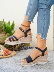 Sandal đế xuồng dày dặn, thoải mái, kiểu dáng thường ngày, dành cho nữ, mùa hè, màu đen, họa tiết dệt, kiểu dáng sang trọng, quai cài sau, sandal đế xuồng cao gót mũi tròn thời trang ngoài trời, sandal đế xuồng đi biển. - màu đen - Xem 1