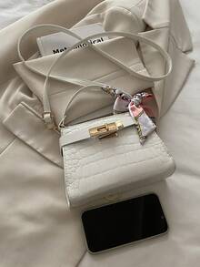 Crocodile Embossed Scarf Decor Flap Cover Tote Bag, Solid Color Embossed Handbag With Fashionable Metal Lock Decor, Mini Shoulder Crossbody Bag For Home, Shopping, Commuting - White - View 7