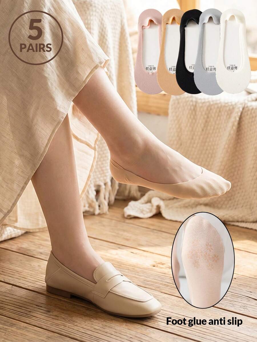 5 đôi tất nữ bằng lụa băng, không lộ cổ, chống trượt, thoáng khí, kiểu tất thuyền cổ thấp, phù hợp với giày cao gót, giày bệt và mang hàng ngày. - Nhiều màu - Xem 1