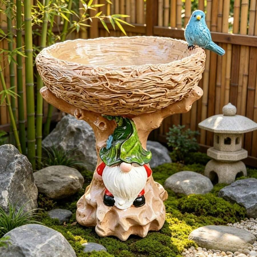 1pc Cute Dwarf & Bird Shaped Bird Feeder, Resin Bird Nest Style Feeding Station, Outdoor Garden Decor, Gift For Wild Bird Lovers - Dwarf Bird Nest Bird Feeder - View 1
