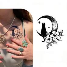 3pcs Mysterious & Cool Black Cat With Star & Moon Temporary Tattoo Stickers, Featuring Floral Patterns, Suitable For Chest, Arms, Legs, Ideal For Casual Wear, Parties, Festivals And Gatherings,Sketch Style - Multicolor - View 1